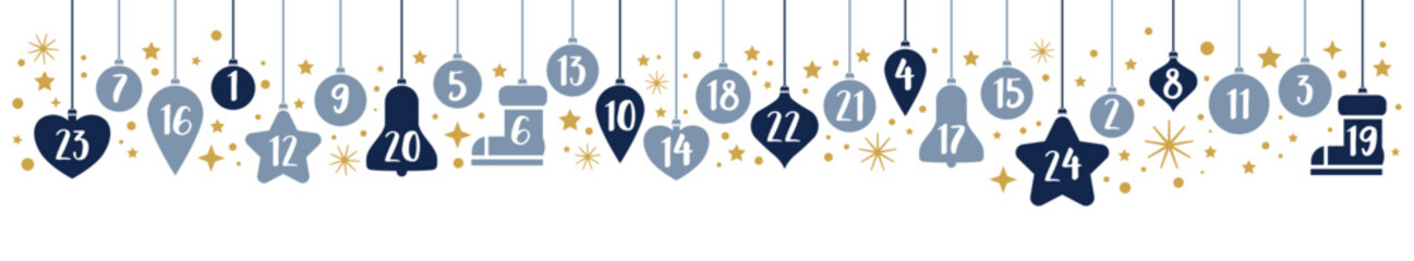Adventskalender banner Weihnachtskugeln mit Zahlen und Sternen