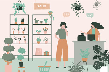 Woman florist selling bouquets and home plants at flower shop. Female seller standing behind counter, client select plants and flowers. Gardening shop. Gardening and growing plants business.