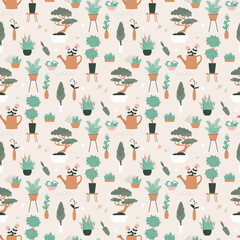 House plants seamless pattern. Trendy home decor with plants, texture template. Flowers in pots, accessories and tools. Green seamless tropical floral pattern. Repeat background. © Marina