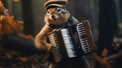Chipmunk accordionist in a woodland folk band - obrazy, fototapety, plakaty