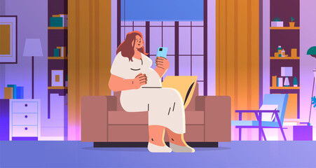 happy pregnant woman future mom using smartphone pregnancy motherhood expectation concept modern living room interior
