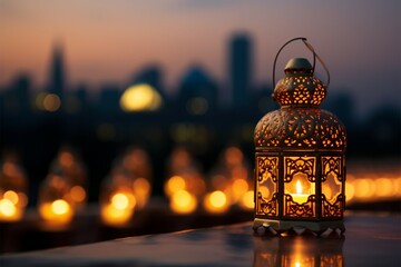 Obraz na płótnie Canvas Dusk sky with city bokeh lights, adorned by golden Ramadan lanterns