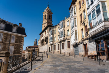 Alley with picturesque buildings in the historic center of the city of Vitoria, Basque Country,...