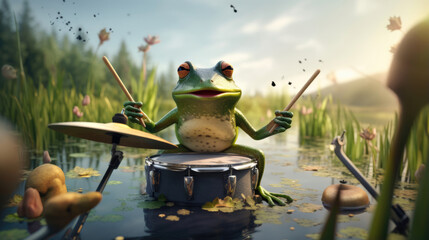 Frog percussionist using lily pads as drums