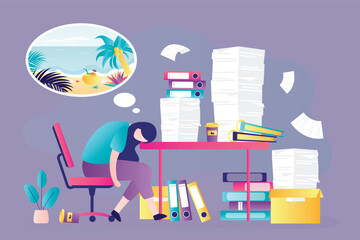 Obraz premium Girl tired of amount of paperwork in office. Sleepy woman lay down on workplace and dreaming about vacation and tropical beach. Exhausted employee working overtime at night.