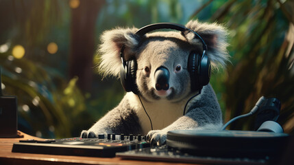 Koala DJ mixing tunes in a eucalyptus forest rave - obrazy, fototapety, plakaty