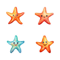 set of happy cute starfish watercolor illustrations for printing on baby clothes, pattern, sticker, postcards, print, fabric, and books