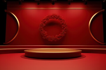 Minimal scene for your product. cylindrical podium on red background with red floral decoration. product presentation, mockup, product event, podium, stage or platform. Generative AI