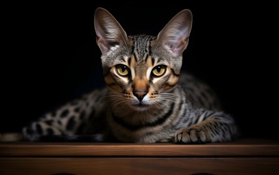 Savannah cat on a wooden table in a black background