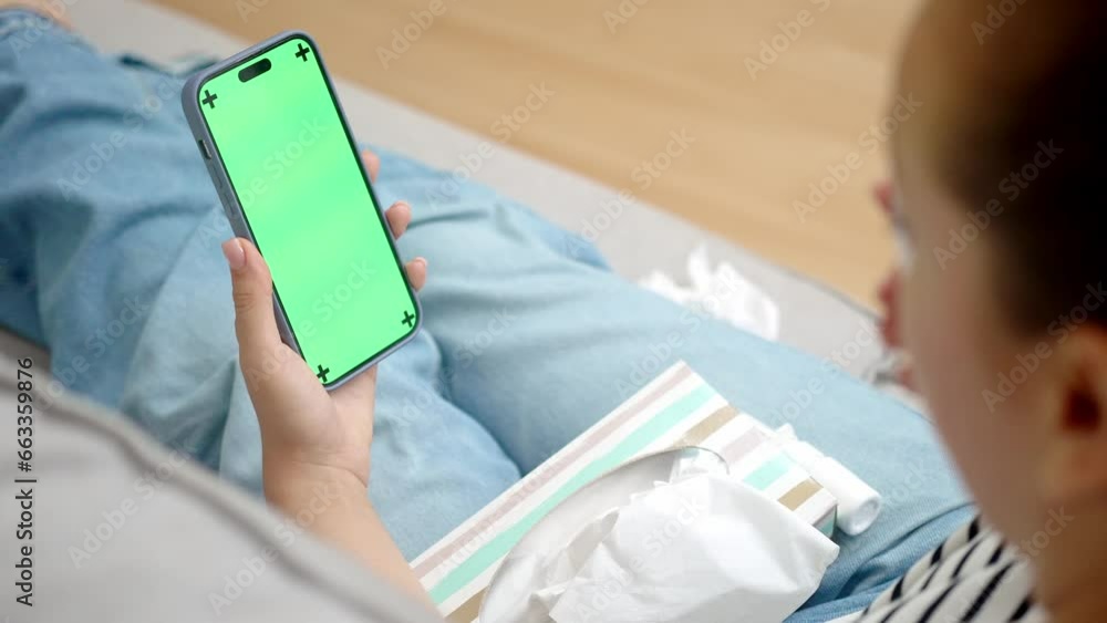 Poster sick woman communicates with doctor using mobile phone with chromakey screen side view lady with run