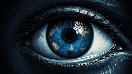 Close up of human blue eye with world map