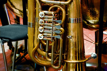 brass instrument of a symphony orchestra tuba - obrazy, fototapety, plakaty