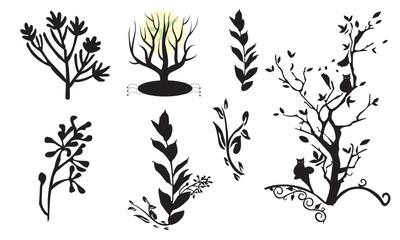 tree line drawing set, set of graphics trees elements outline symbol for architecture and landscape design drawing. Vector illustration in stroke fill in white.