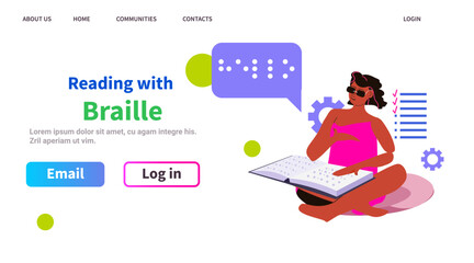 blind woman reading with braille alphabet people with disabilities concept horizontal copy space