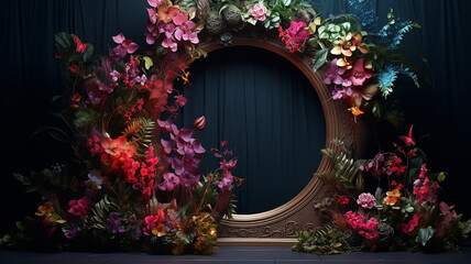 Fototapeta na wymiar round frame with flowers presentation studio background stage podium abstract invitation
