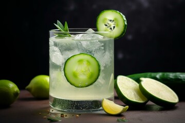 Refreshing cocktail made with cucumber, lime, and a spicy rim. Generative AI