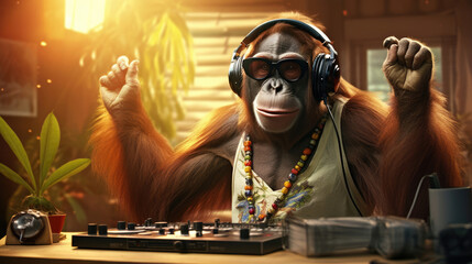 Orangutan DJ-ing a jungle dance party - obrazy, fototapety, plakaty