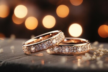 Elegant wedding bands in a glittering, bokeh style closeup photo