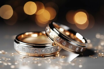 Elegant wedding bands shine amid bokeh, diamond dust, and copy space