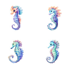 set of happy cute seahorse watercolor illustrations for printing on baby clothes, pattern, sticker, postcards, print, fabric, and books