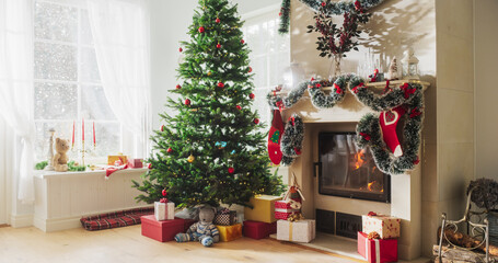 Peaceful Snowy Christmas Morning: Decorated Corner in Modern House with Christmas Tree, Fireplace and Gifts. Home of a Family Celebrating the Holidays. No People