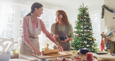 Portrait of Adult Woman Preparing Gingerbread for Christmas While her Senior Mother is Helping. Senior Woman and her Daughter in Law Making Pastries for Family and Friends