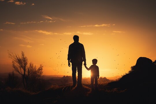 Emotional connection A father and son stand together in silhouette