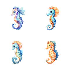 set of happy cute seahorse watercolor illustrations for printing on baby clothes, pattern, sticker, postcards, print, fabric, and books © Anasvectorpng