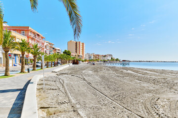 San Pedro de Pinatar seaside view at sunny summer day. Murcia, Spain - obrazy, fototapety, plakaty