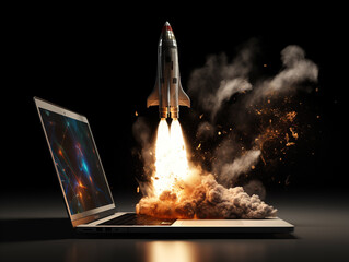 Startup and motivational concept with rocket flying out of laptop screen on black background