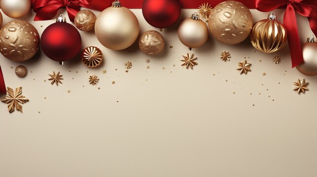 Weihnachtsbanner mit Leerraum für Text, mit Weihnachtsschmuck und Geschenken drumherum