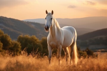 White horse or mare in the mountains at sunset. - obrazy, fototapety, plakaty