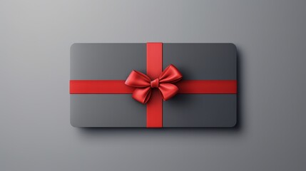 Black gift box with red bow on grey background