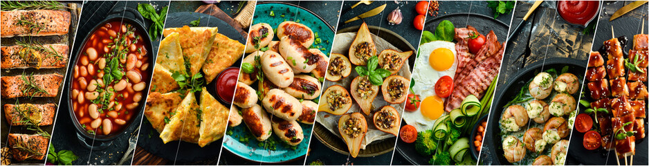 Photo with a set of various dishes, snacks and food. Collage of different assortment of food.