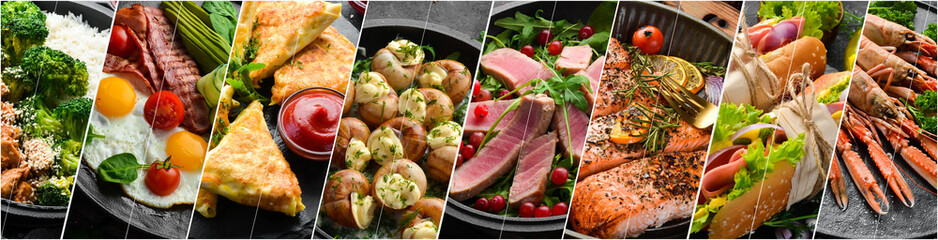 Collage of different assortment of various dishes, food and snacks. Food banner.
