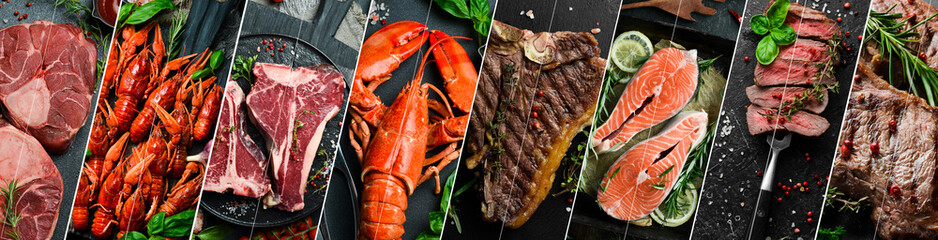 Collage of different assortment of meat and seafood: veal steaks, lobsters, pork, fish and oysters....