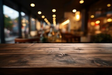 Empty wooden table in restaurant, ideal for product display mock ups - obrazy, fototapety, plakaty