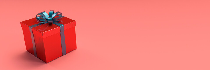Shiny red gift box with a blue ribbon and bow on a red background 3d render
