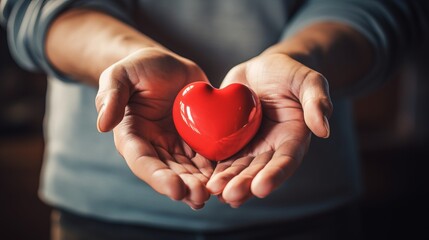 Man holding red heart in hands, closeup. Concept of charity and donation
