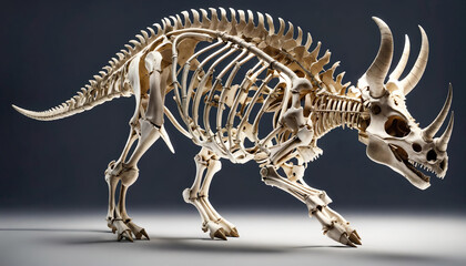 Fossil skeleton of Dinosaur three horns Triceratops ready to fight isolated on white background. Generative ai - obrazy, fototapety, plakaty