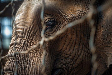 Close up of sad caged elephant behind bars - obrazy, fototapety, plakaty