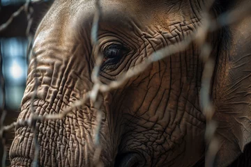 Gordijnen Close up of sad caged elephant behind bars © Firn