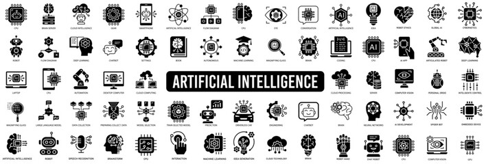 Artificial intelligence icons. Set of brain, robot, ai, head icon - obrazy, fototapety, plakaty