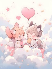 Cute LOFI anime manga style illustration, love couple