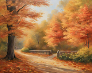 Naklejka na ściany i meble Path in autumn park with bridge in the background