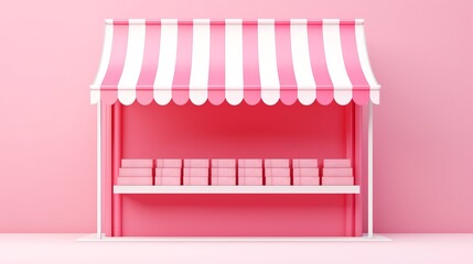 Store for shopping concept. Pink empty showcase with striped awning. - obrazy, fototapety, plakaty