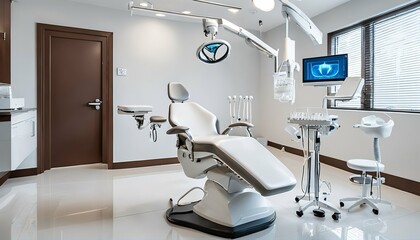 Medical equipment in white interior of dentist office
