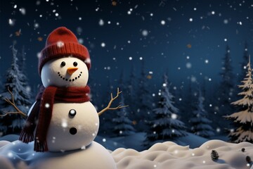 Falling snowflakes embrace a snowman, nestled among pine trees
