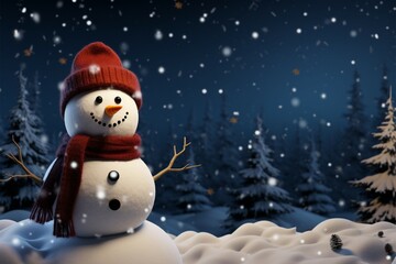Obraz premium Falling snowflakes embrace a snowman, nestled among pine trees