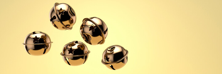 Selection of Christmas sleigh bells in front of a yellow background 3d render
